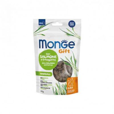 Monge Gift Salmone e Erbagatta è uno snack Specificatamente sviluppato per il benessere del tuo gatto grazie all’esterno croccante a supporto dell’igiene dentale e un morbido ripieno all’erba gatta per favorire la fisiologica espulsione dei boli di pelo.