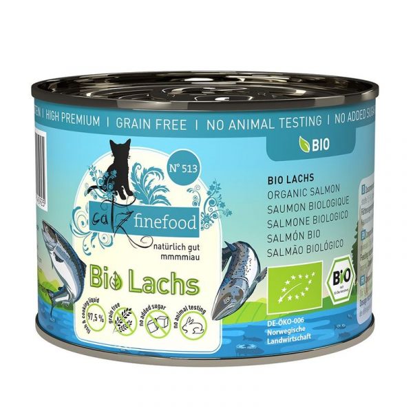 Pets Nature Cats Finefood N° 513 Salmone Biologico è un delizioso cibo umido per gatti certificato Bio, completo  e monoproteico.